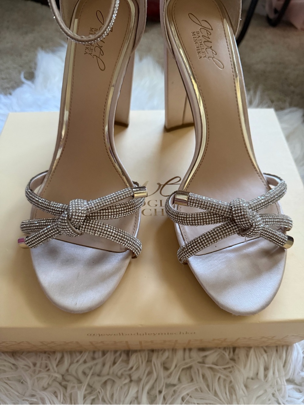 Badgley Mischka Blush Crystal-Knot Ankle-Strap Block Heels - Picture 3 of 5